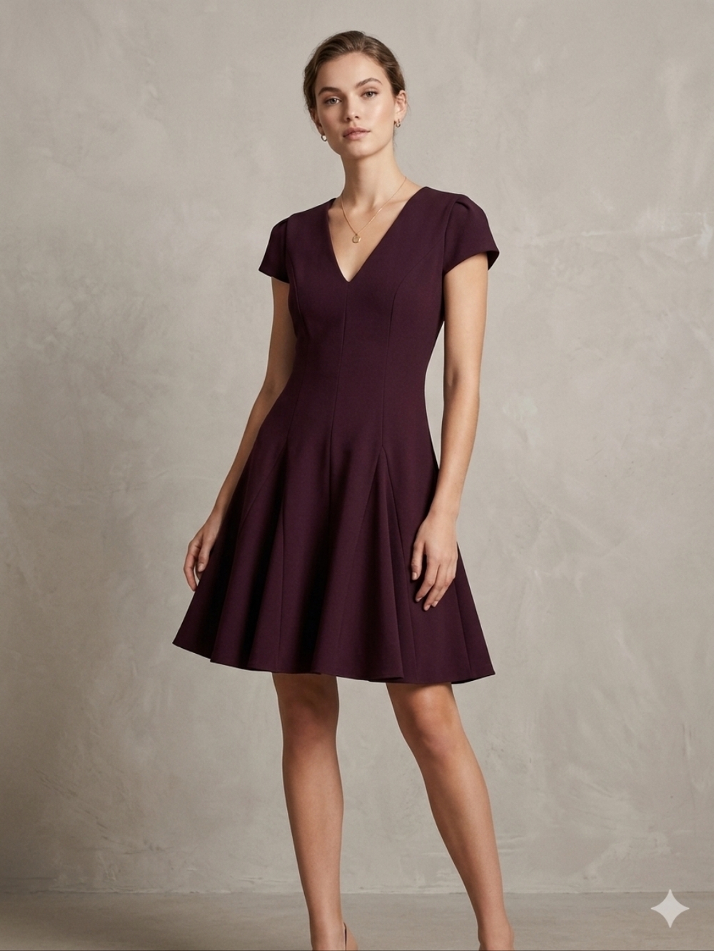 Halston Heritage Burgundy Fit & Flare Short Sleeve Dress